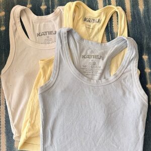 KATIE J Livi CroppedRibbed Tank Tops - Light Blue, Pale Yellow, White  Bundle -